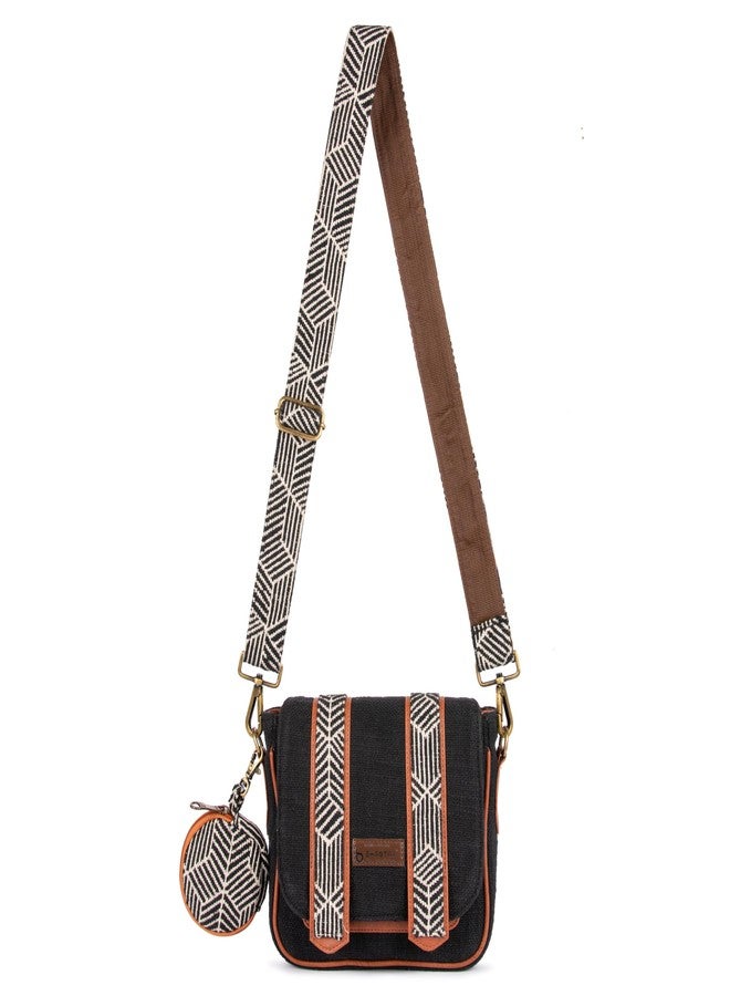 BHASTRA Black Saddle Handloom Sling Bag with Dual Compartments & Jacquard Adjustable Detachable Strap | Compact Sling Bag with Front Pocket, Back Zip & Coin Pouch - Handloom Fabric Design - Image 2